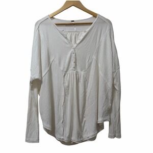 Free People Womens Leo Thermal Oversized Henley Top Size M‎ White Bohemian Boho